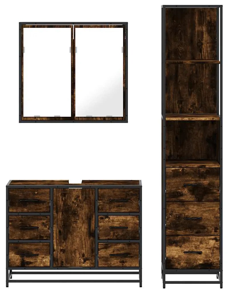 3 pcs conjunto de móveis WC madeira processada carvalho fumado