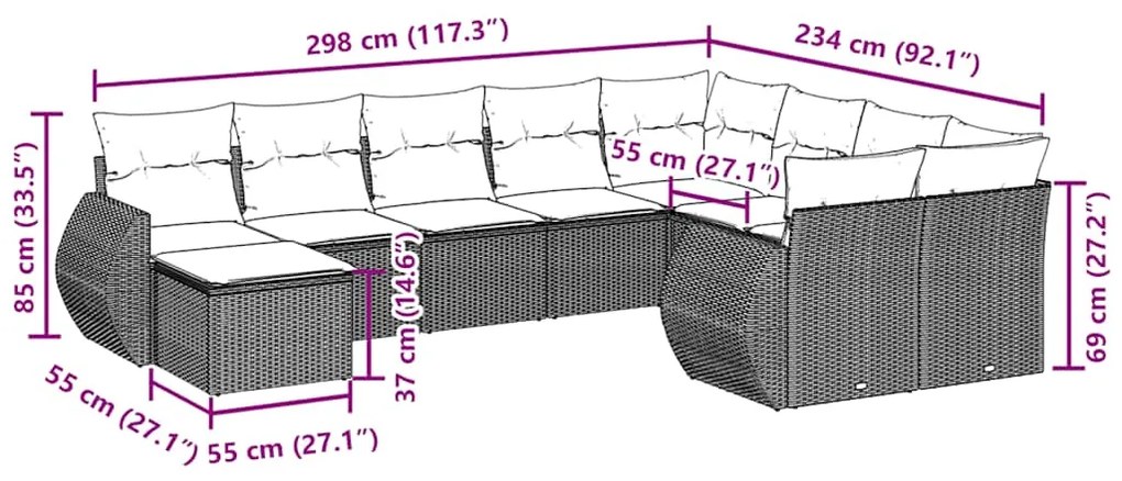 10 pcs conjunto sofás de jardim c/ almofadões vime PE preto