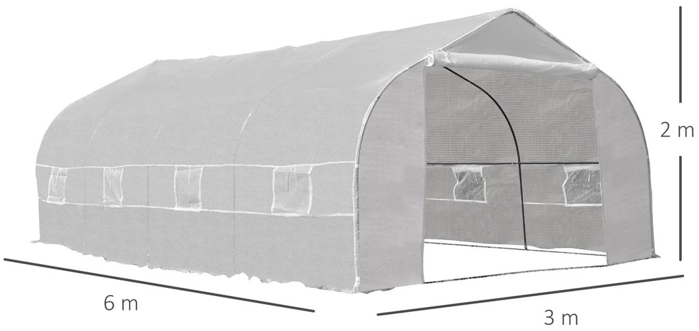 Estufa de jardim tipo túnel com 8 janelas respiráveis e porta de enrolar com zíper de aço 600x300x200 cm Branco
