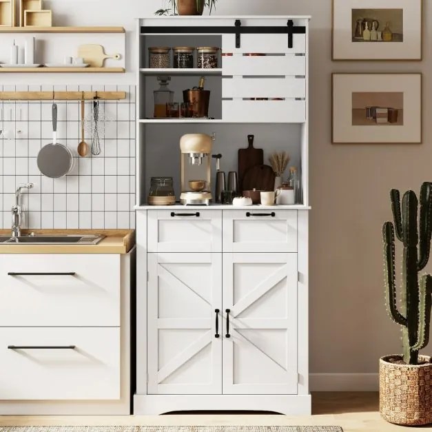 Armário de despensa de cozinha 80 x 40 x 180 cm com tomada elétrica com portas, gavetas e prateleira ajustável Suporte branco