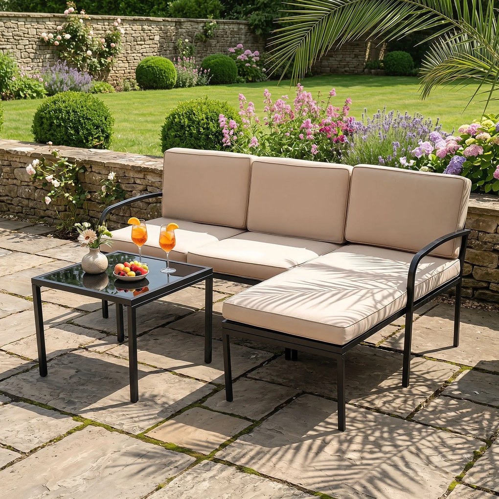 Conjunto de 3 Peças para Jardim, Sofá de 2 Lugares, Sofá em L e Mesa de Centro, 172,5 x 113 x 80 cm, Modular, Caqui