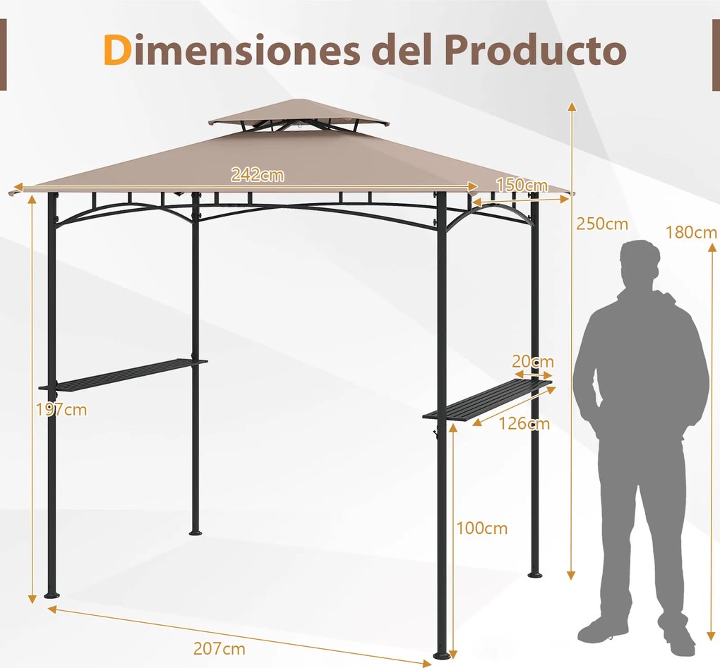 Tenda para churrasco 242 x 150 cm (GRELHADOR NÂO INCLUIDO) com teto duplo, 2 prateleiras, 6 ganchos e Estrutura metálica castanha