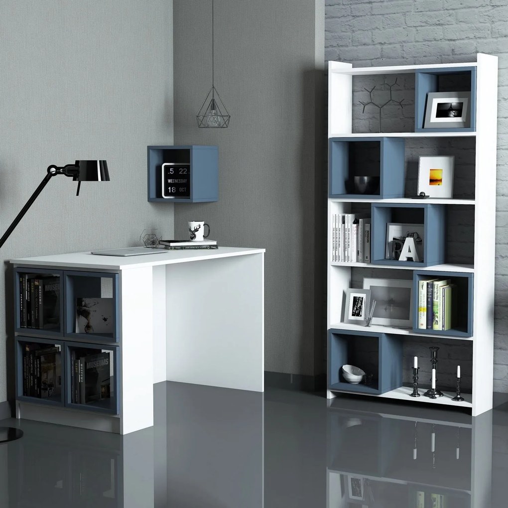 Secretária de Estudo e Estante Box – Branco e Azul – Secretária: 120x7