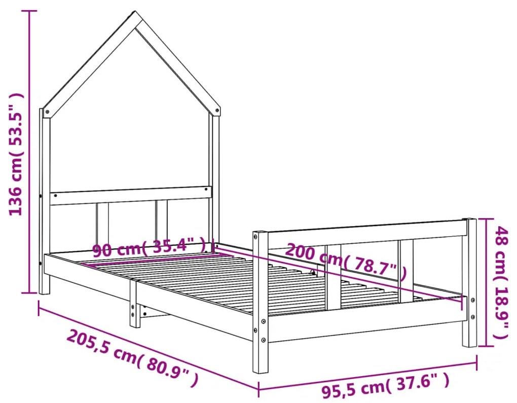 Estrutura de cama infantil 90x200 cm pinho maciço