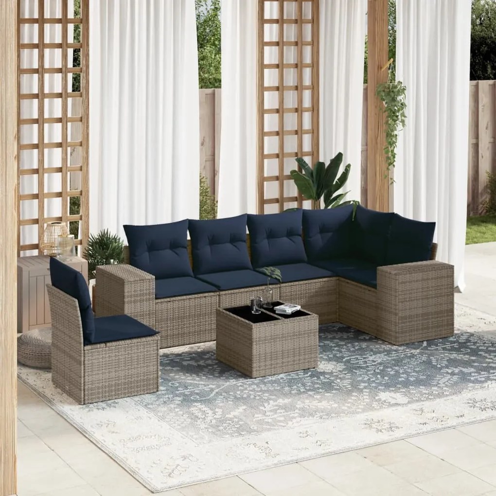 vidaXL 7 pcs conjunto sofás p/ jardim c/ almofadões vime PE cinzento
