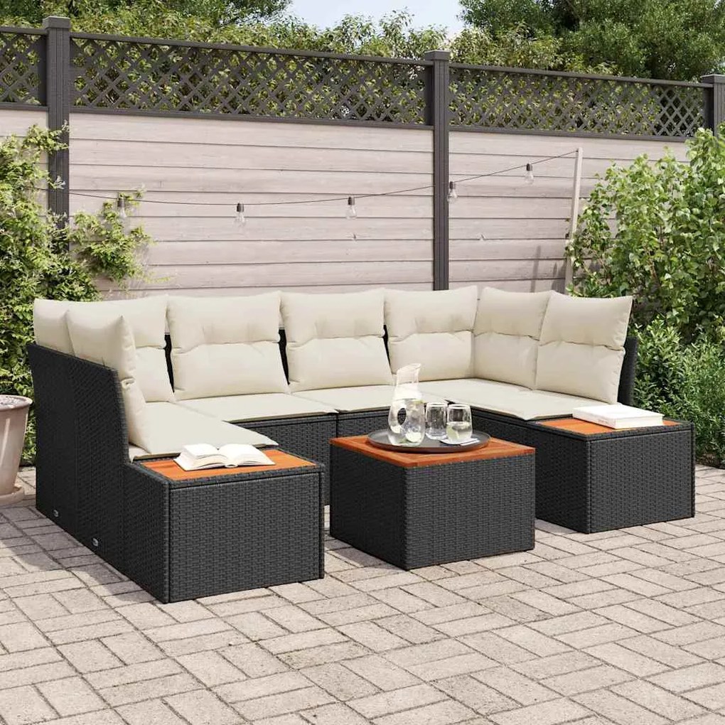 vidaXL Conjunto de Sofá de Jardim com 7 Peças , Almofadas, Preto, Rattan Sintético e Acácia