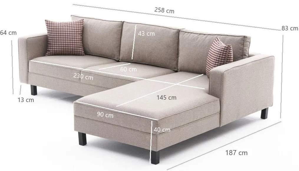 Sofá de Canto Kale – Creme – 258 x 83 x 181 cm