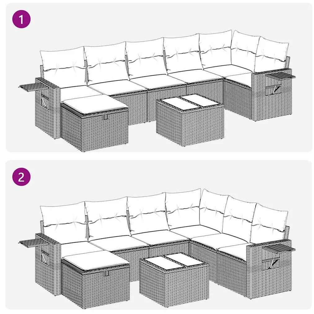 8 pcs conj. sofás jardim c/ almofadões vime PE cinzento-claro