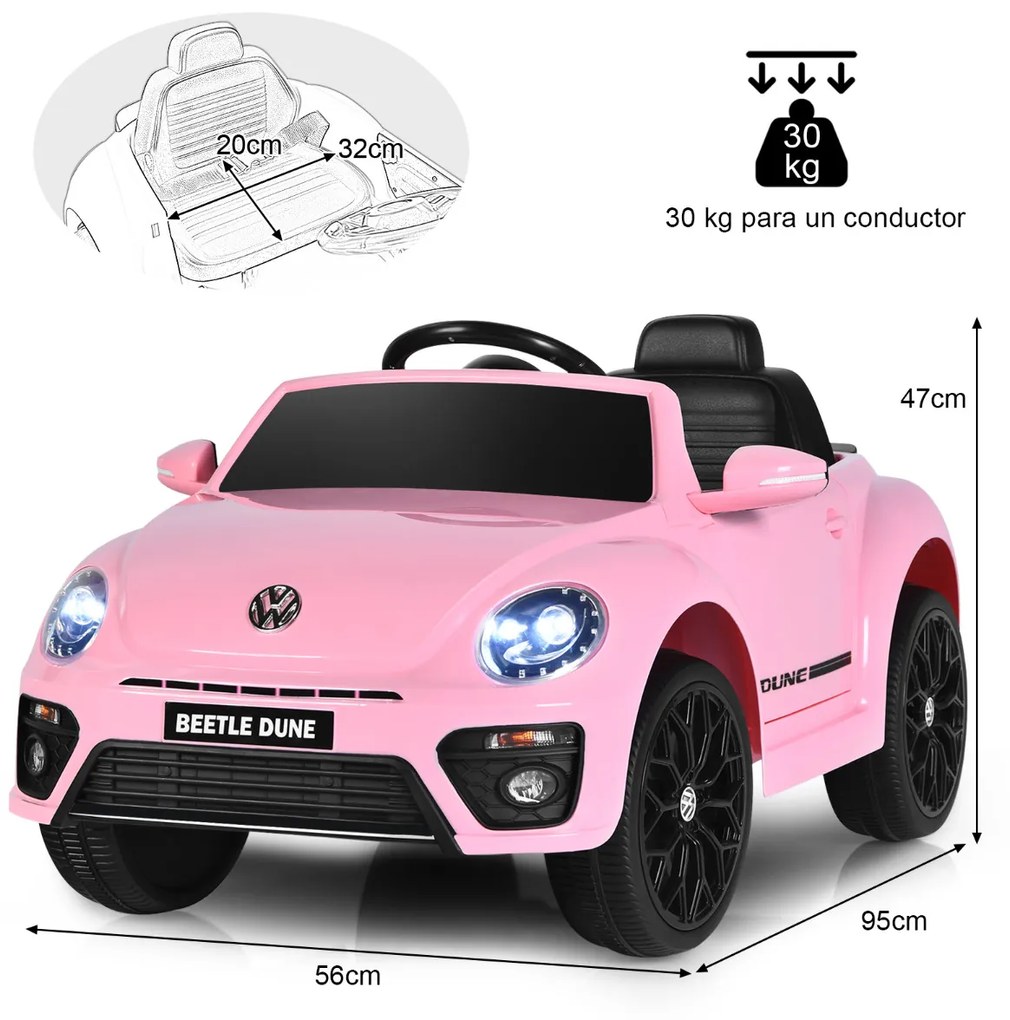 Carro elétrico para crianças bateria 12V Volkswagen Beetle com luzes de controlo remoto e musica 95 x 56 x 47 cm Rosa