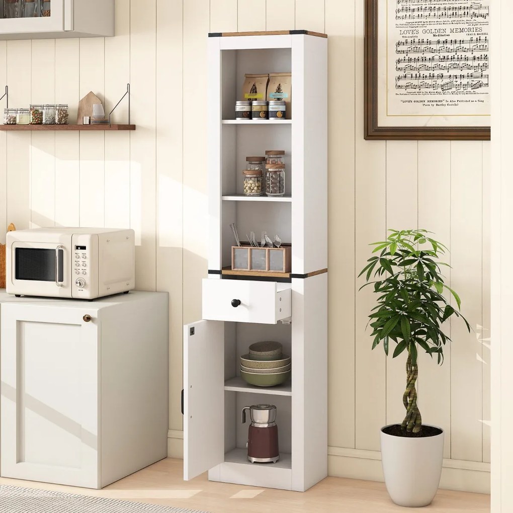 Armário casa de banho ou cozinha estreito 40 x 24 x 173 cm com porta de celeiro, gaveta e prateleira ajustável Branco