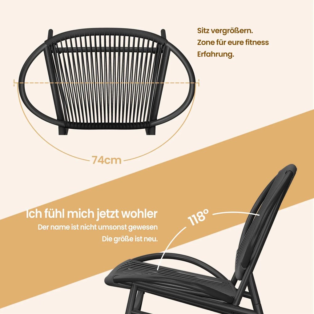 Conjunto de 3 móveis de varanda, conjunto de móveis de jardim com mesa e 2 cadeiras, Polyrattan PE Preto