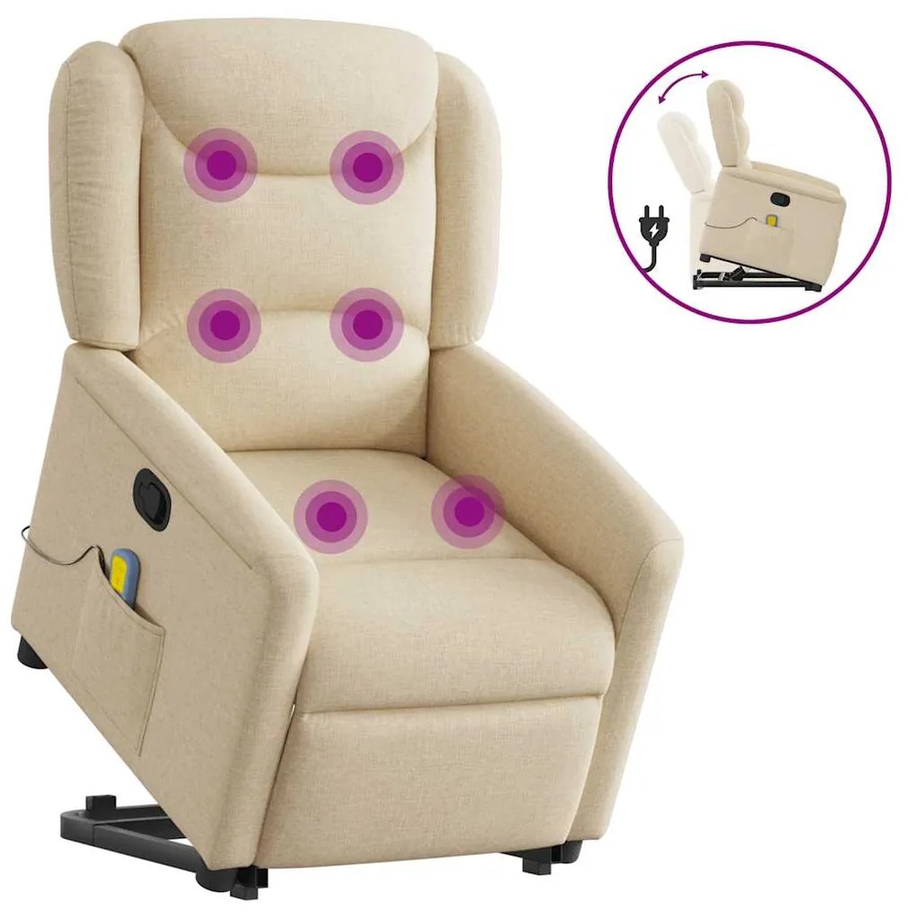 vidaXL Poltrona elevatória de massagens tecido cor creme
