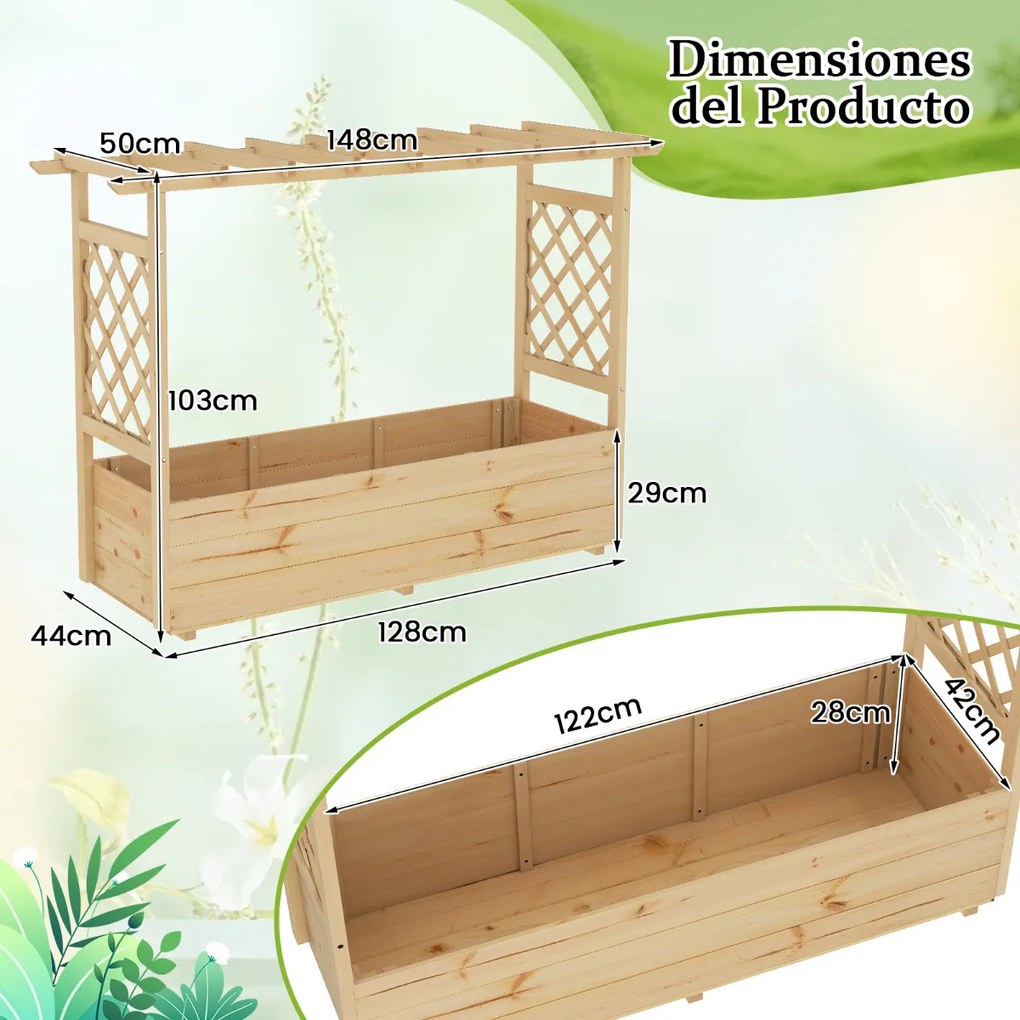 Floreira de jardim elevada com treliça, teto suspenso e drenagem madeira para trepadeiras e flores 148 x 50 x 103 cm Natural