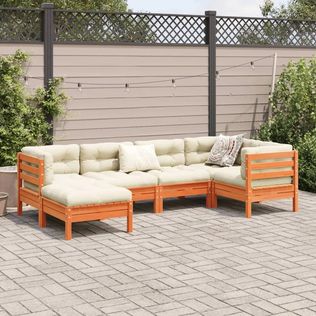 6 pcs conj. sofás jardim almofadões pinho maciço castanho cera