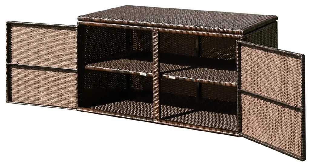 Caixa de armazenamento de vime PE de 330L com 2 níveis para áreas externas, com tampa e portas frontais - preta