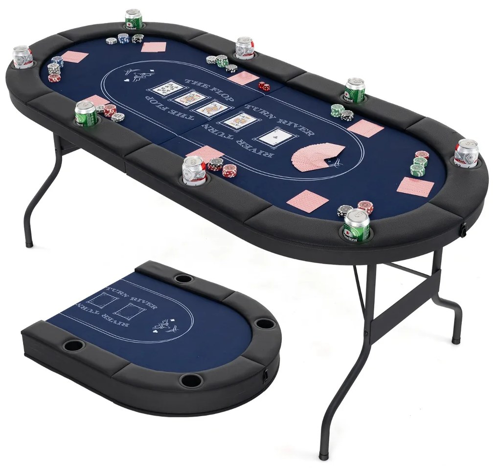 Mesa de póquer dobrável de 182 cm para 8 jogadores oval portátil para jogos com porta-copos e grades acolchoadas para casa Azul