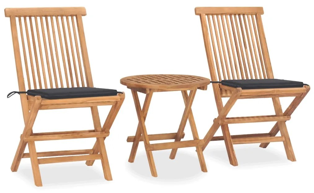 vidaXL 3 pcs conj. jantar dobrável exterior c/ almofadão teca maciça