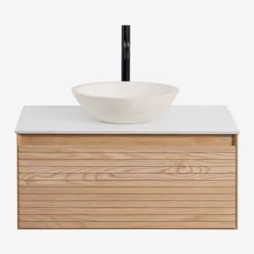Conjunto De Móvel De Casa De Banho Em Madeira De Freixo Tedrik Castanho Fresno & Cimento Redondo Branco Ø40 Cm Zavion & Sem Espelho & - Sklum