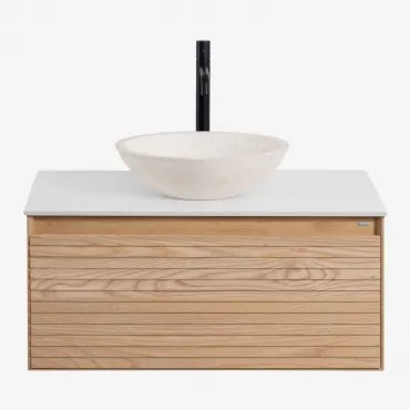 Conjunto De Móvel De Casa De Banho Suspenso 80x50 Cm Em Madeira De Freixo Tedrik Castanho Fresno & Cimento Redondo Branco Ø40 Cm Zavion & - Sklum