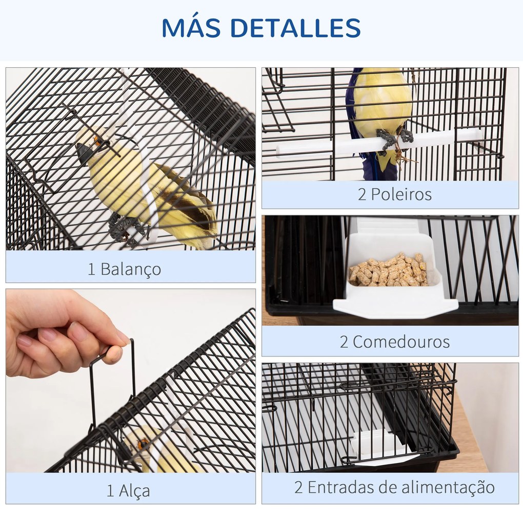 Gaiola para Pássaros 39x33x47cm Gaiola para Pássaros de Metal com 3 Portas 2 Comedouros 2 Poleiros Baloiço Bandeja Amovível e Alça de Transporte para