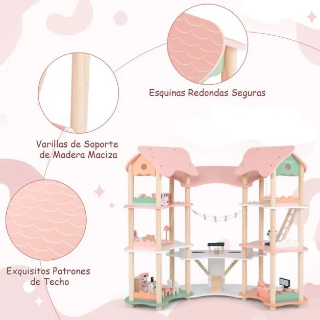 Casa de Bonecas de Madeira para Crianças 3-8 Anos 7 Quartos 3 Níveis 32 Peças de Mobiliário Realista Acessórios Teto Rosa