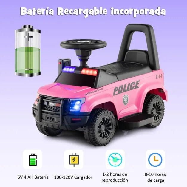 Carro de Polícia Elétrico para Crianças  Bateria 6V  com Megafone Alarme Luz para 18-60 Meses 62 x 44 x 43 cm Rosa