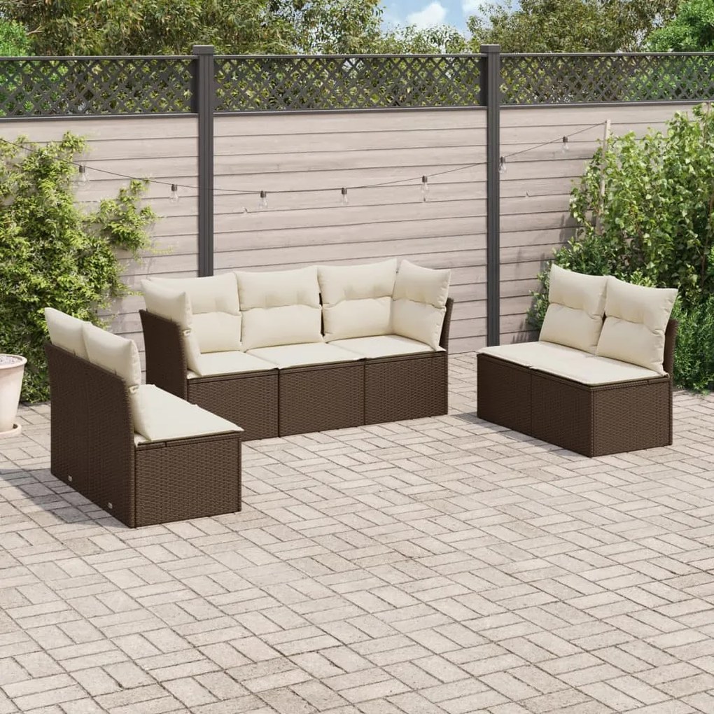 7 pcs conjunto de sofás jardim c/ almofadões vime PE castanho