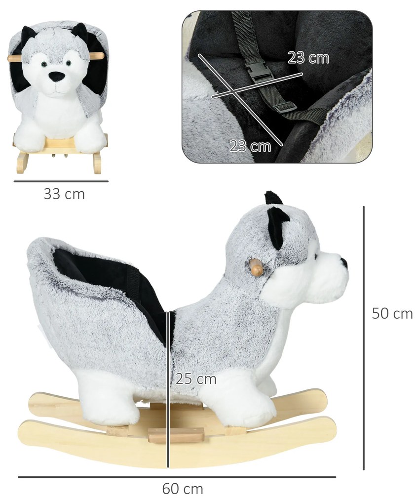 Baloiço com Forma de Cão Husky para Crianças com Sons Cinto de Segurança e Apoio para os Pés 60x33x50 cm Branco e Cinza