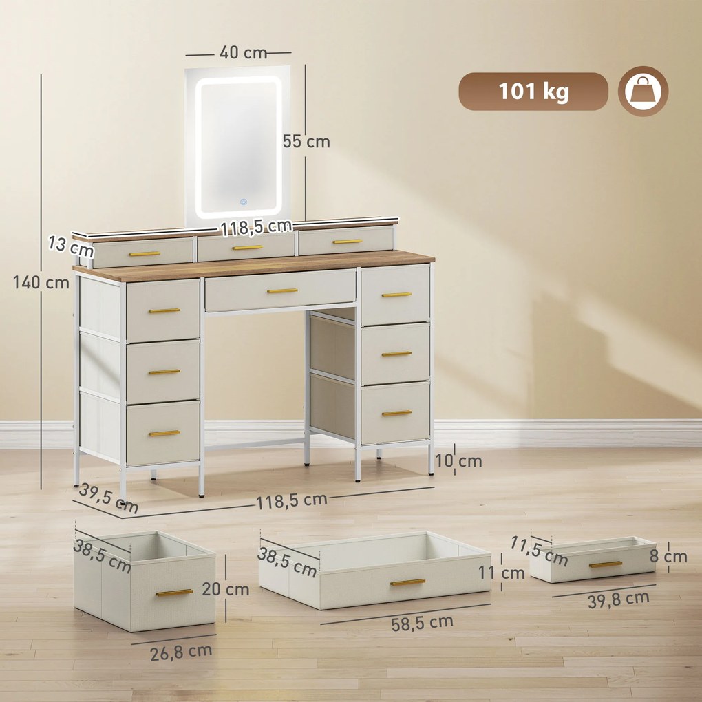 Toucador com Luzes LED de 3 Cores Espelho 10 Gavetas de Tecido e Pés em Aço 118,5x39,5x140 cm cor madeira, cinzento e dourado