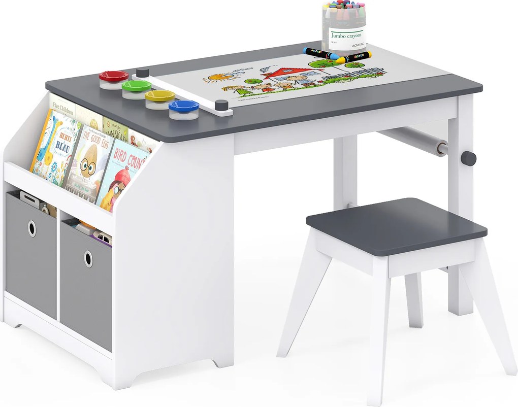 Conjunto de Mesa de Arte Infantil e Banco, 91 x 54 x 49,5 cm, Com Rolo de Desenho, Cinzento + Branco