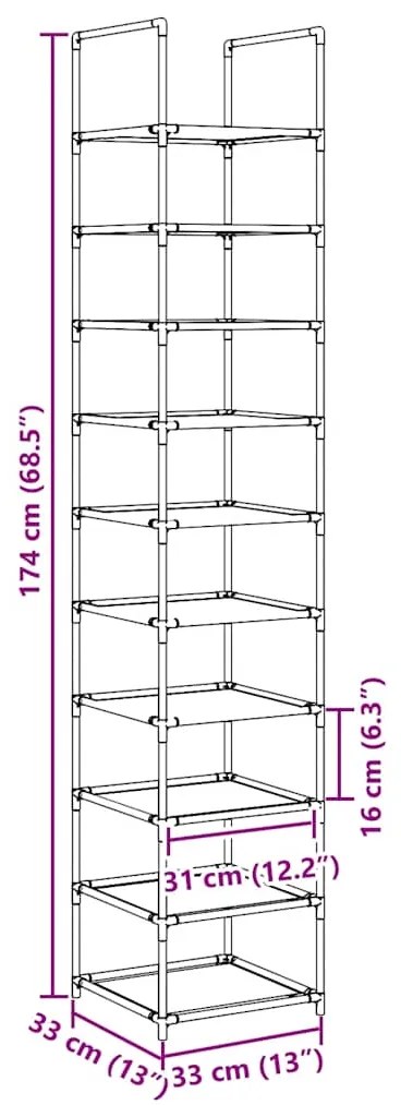 Sapateira 10 camadas 33x33x174 cm tecido não tecido preto