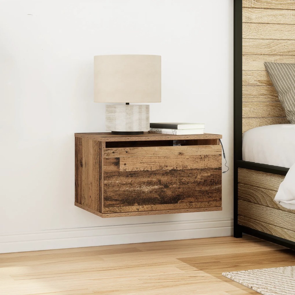 Mesa de cabeceira vidaXL com LED montada na parede em madeira envelhecida 50x36x30 cm