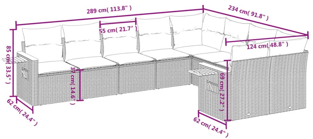 9 pcs conjunto de sofás p/ jardim c/ almofadões vime PE preto