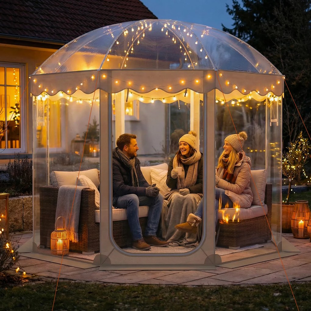 Tenda jardim tipo bolha para 8-10 pessoas 305 x 305 x 210 cm, em PVC transparente panorâmico de 540°, com proteção contra o frio Transparente