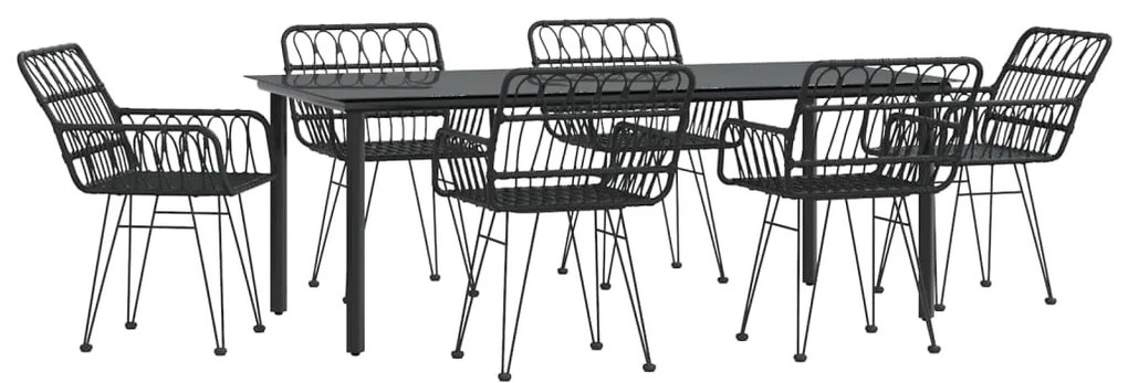 7 pcs conjunto de jantar para jardim vime PE preto