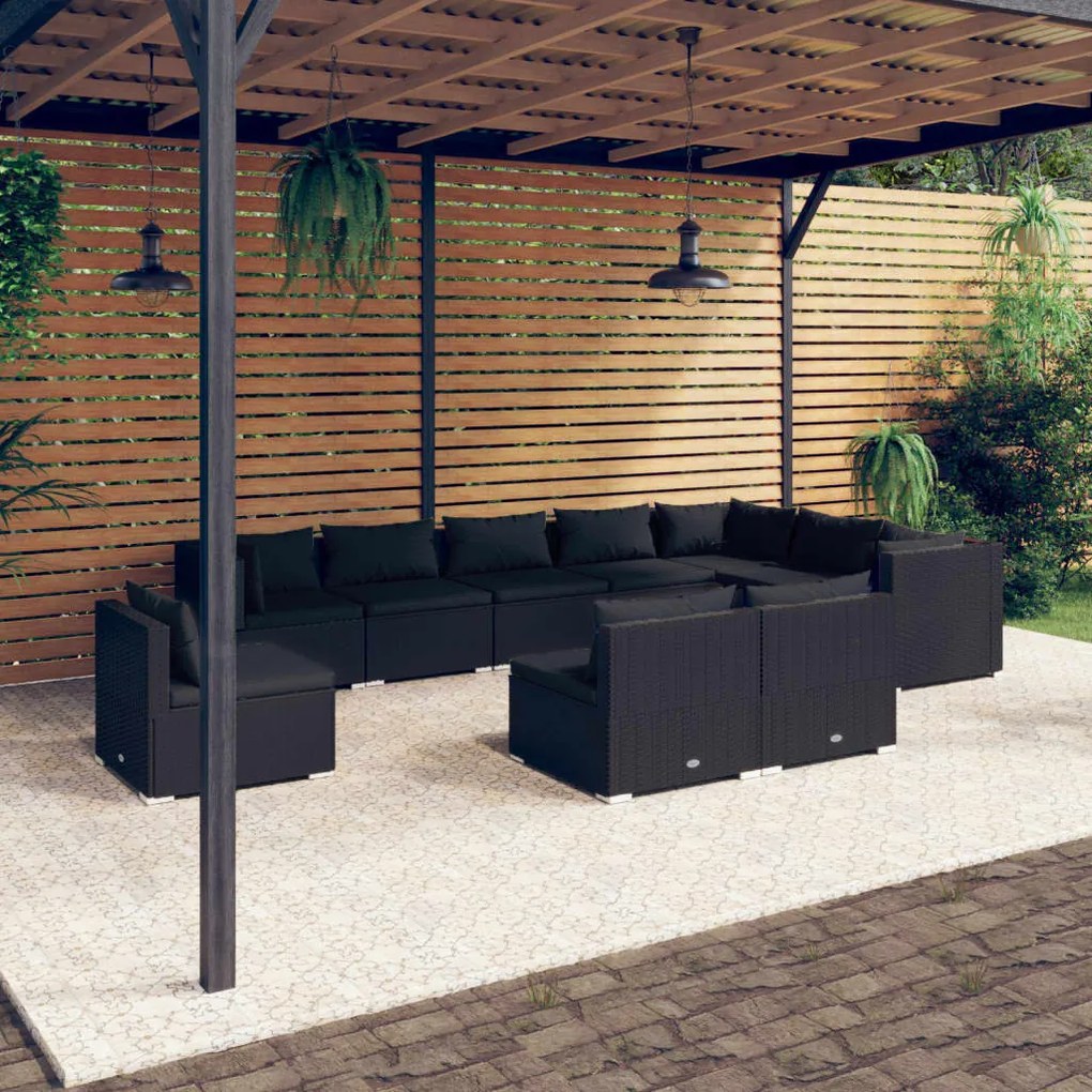 vidaXL 10 pcs conjunto lounge de jardim c/ almofadões vime PE preto