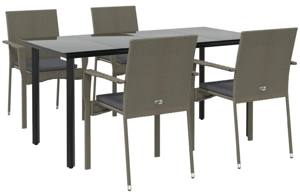 5 pcs conjunto jantar jardim c/ almofadões vime PE preto/cinza