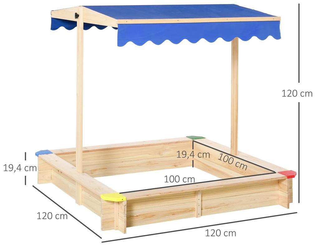 Caixa de areia de madeira para crianças com telhado Toldo ajustável Espaçoso 120x120x120 cm para jardim Cor madeira natural