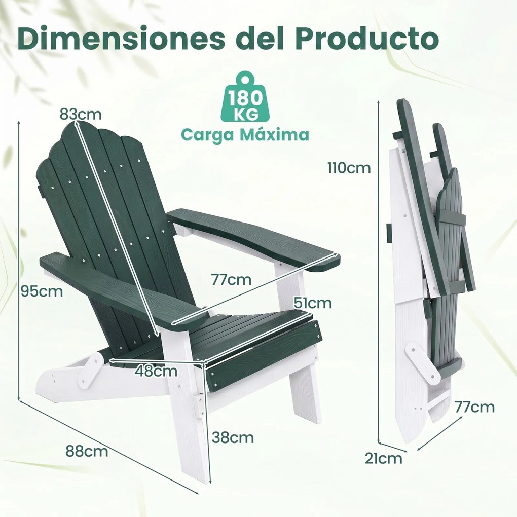 Cadeira Adirondack Dobrável, 88 x 77 x 95 cm, Apoios de Braços Largos, Verde Escuro
