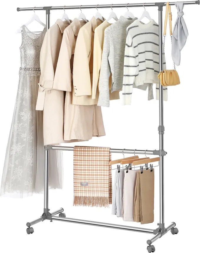 Guarda roupa aberto com rodas Ajustável em altura de 113 a 198 cm, aço inoxidável, cinza prateado