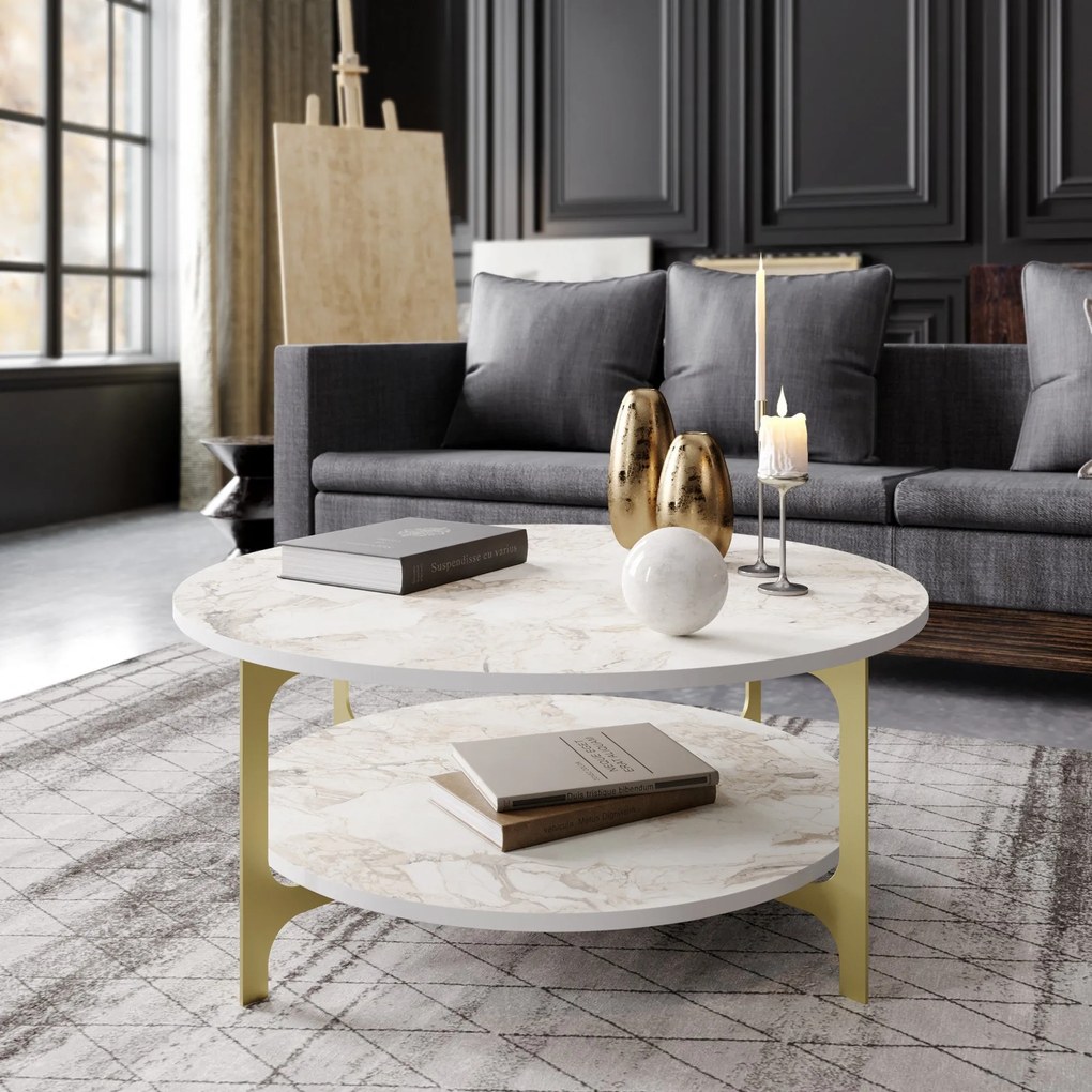 Mesa de Centro Versy – Dourado e Branco – 90x90x36,8 cm