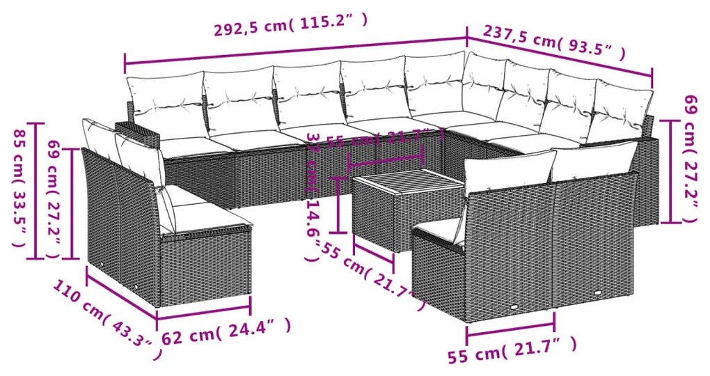 13 pcs conjunto de sofás de jardim com almofadões vime PE preto