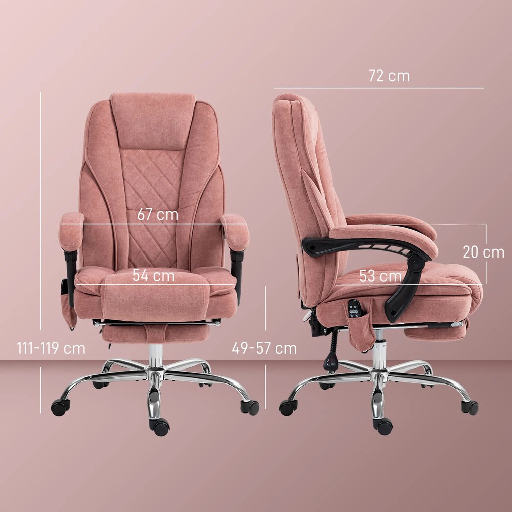 Cadeira de escritório com massagem e aquecimento, altura ajustável, encosto reclinável, comando à distância e apoio para os pés retrátil, cor rosa