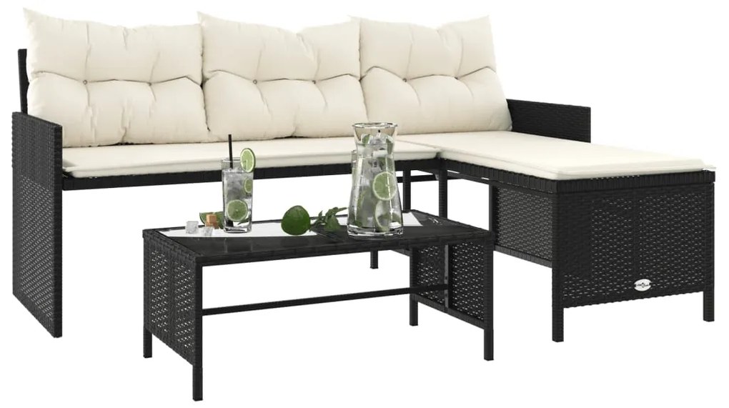 Sofá de jardim em forma de L c/ mesa e almofadões vime PE preto