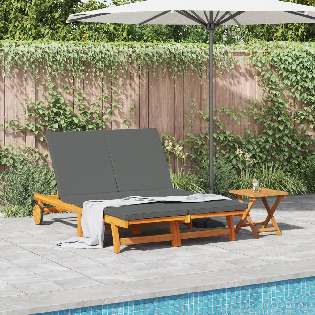 Chaise Longue Dupla vidaXL com Rodas e Almofada em Madeira Sólida de Acácia