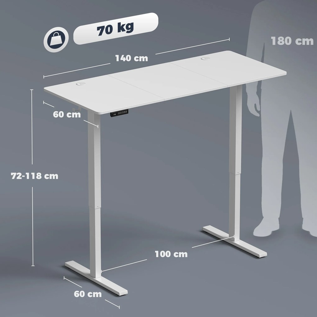 Secretária Elevatória com Memória, Mesa Regulável em Altura com 2 Passa-cabos e Ecrã LED, Branco