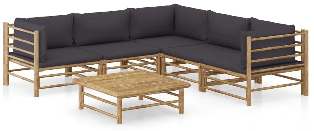 vidaXL 6 pcs conj. lounge jardim em bambu c/ almofadões cinza-escuro