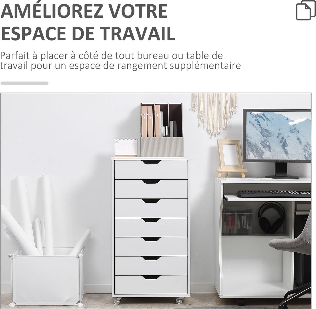 Armário de escritório com rodas, com 7 gavetas organizadoras 47,5 x 39,5 x 90 cm branco