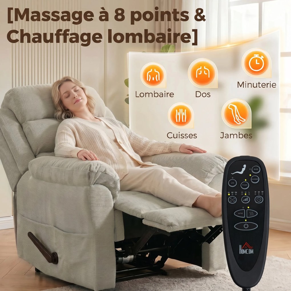 Poltrona reclinável com massagem e aquecimento, cadeira de relaxamento em tecido chenille (100 % poliéster), encosto de cabeça ajustável, bolsos later
