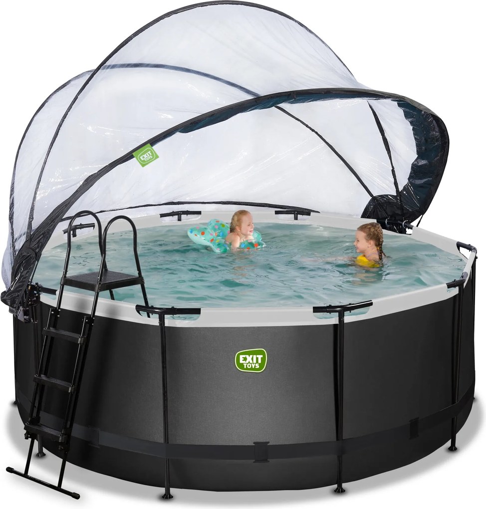 Piscina Redonda Black Leather ø360x122cm com bomba de filtro de areia e cobertura cúpula - preta